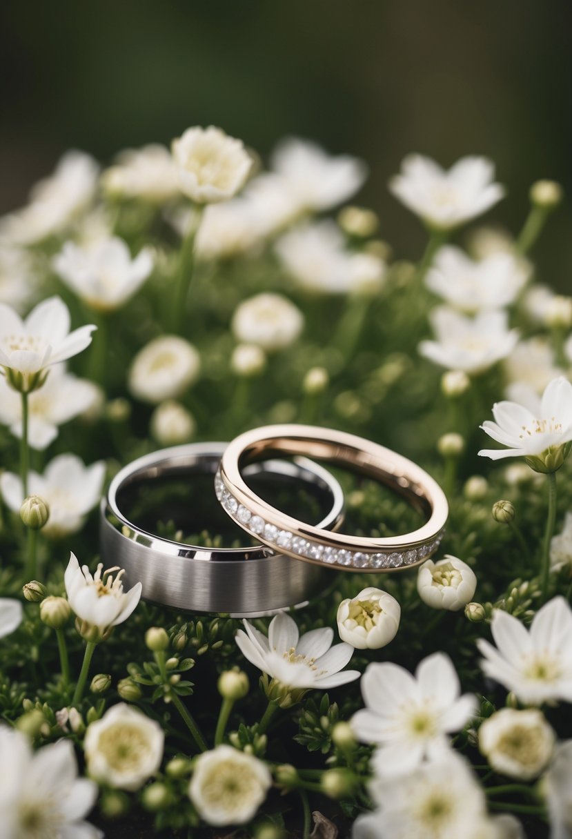 A couple's intertwined wedding rings resting on a bed of delicate white flowers