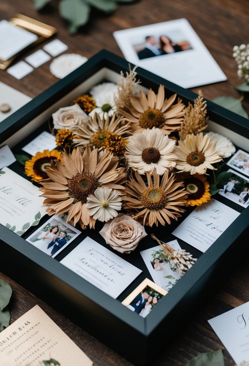 Dried flowers arranged in a shadow box, surrounded by wedding mementos like invitations and photos, creating a beautiful and sentimental display