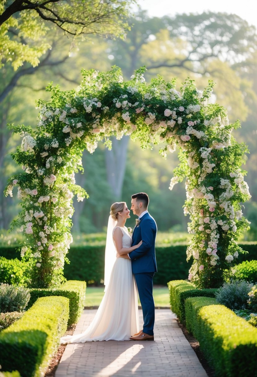 A couple standing under a blooming archway, surrounded by lush greenery and soft sunlight filtering through the trees