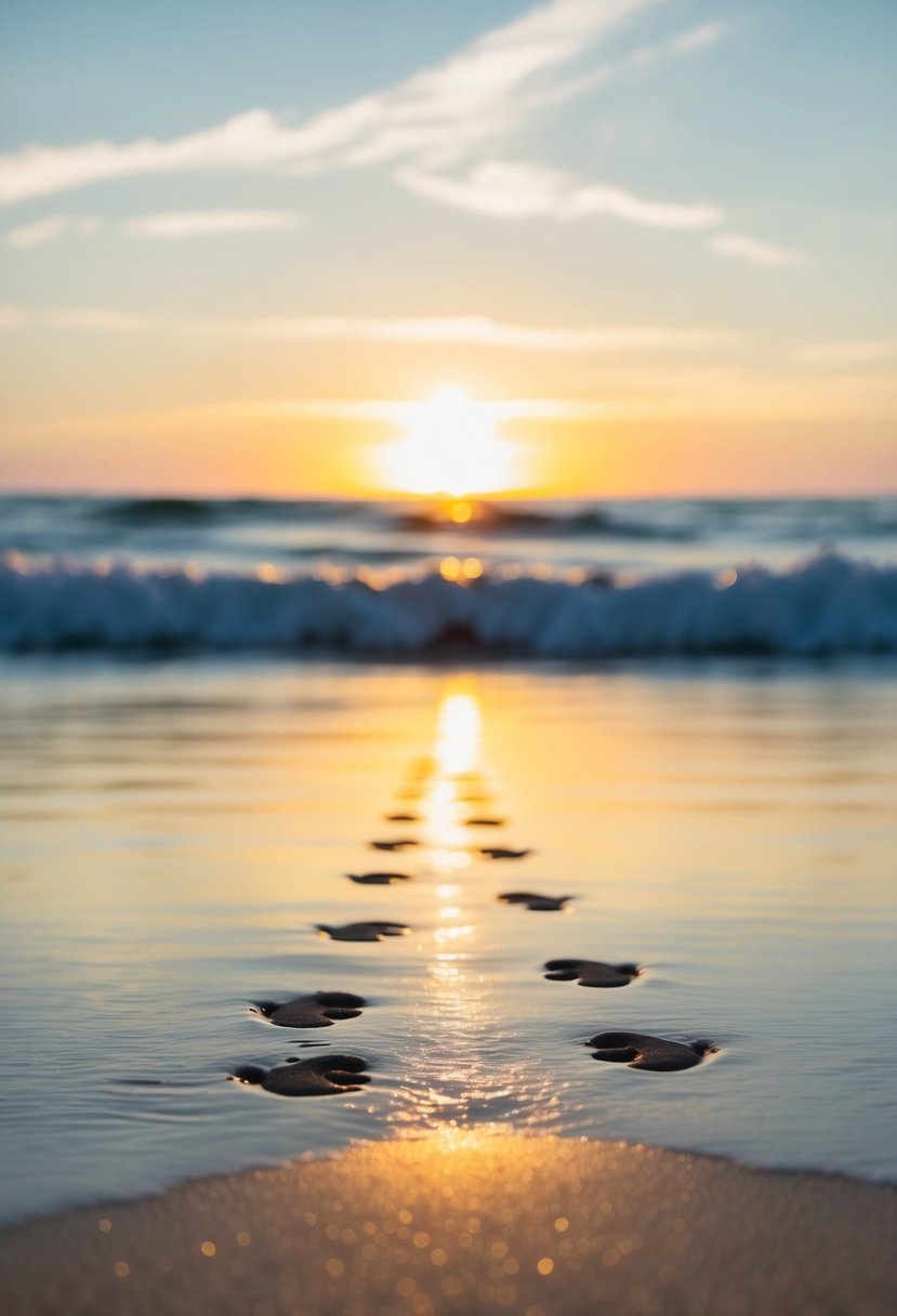 A serene beach at sunset, with two sets of footprints leading towards the water, where the waves meet the shore