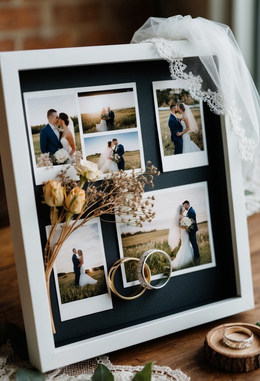 A shadow box filled with wedding photos, a lace veil, dried flowers, and a pair of entwined wedding bands