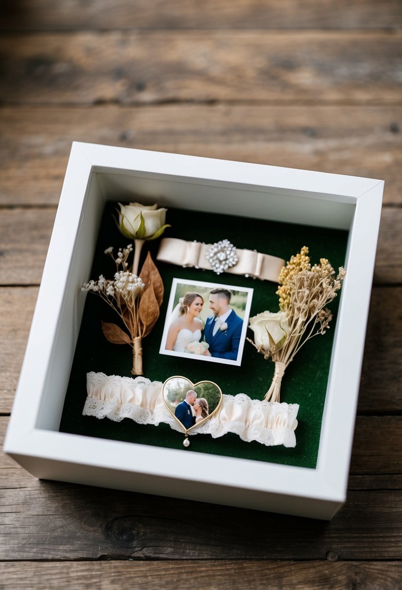 A shadow box filled with wedding garter, dried flowers, and a photo of the couple