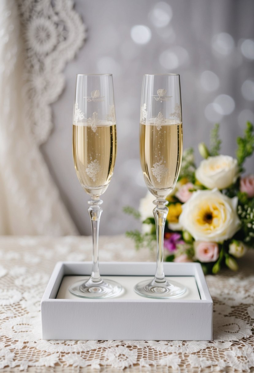 Two elegant toasting flutes displayed in a shadow box with a background of delicate lace and a bouquet of flowers