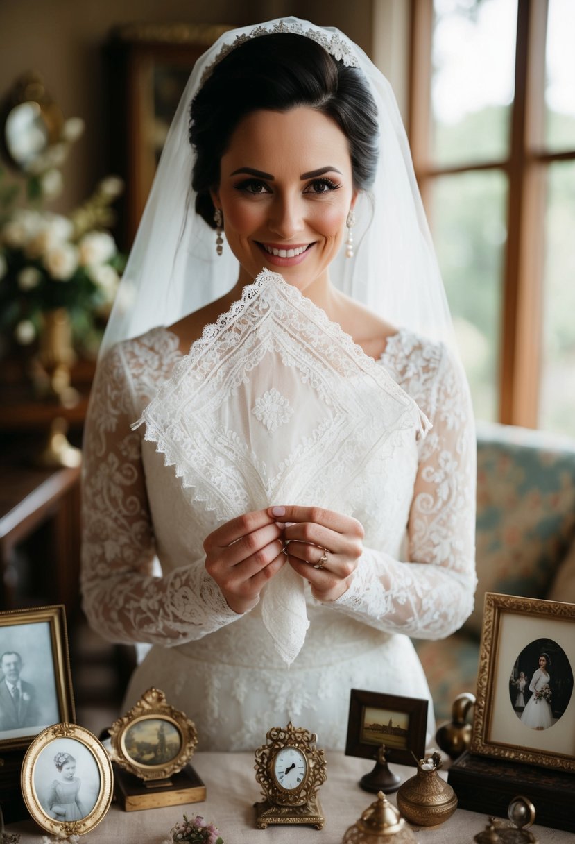 A bride holding a vintage lace handkerchief, surrounded by family heirlooms and antique decor