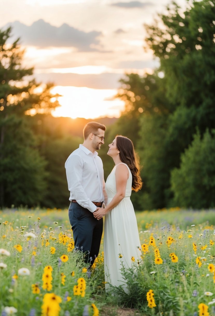 A couple standing in a field of wildflowers, surrounded by trees with the sun setting in the background