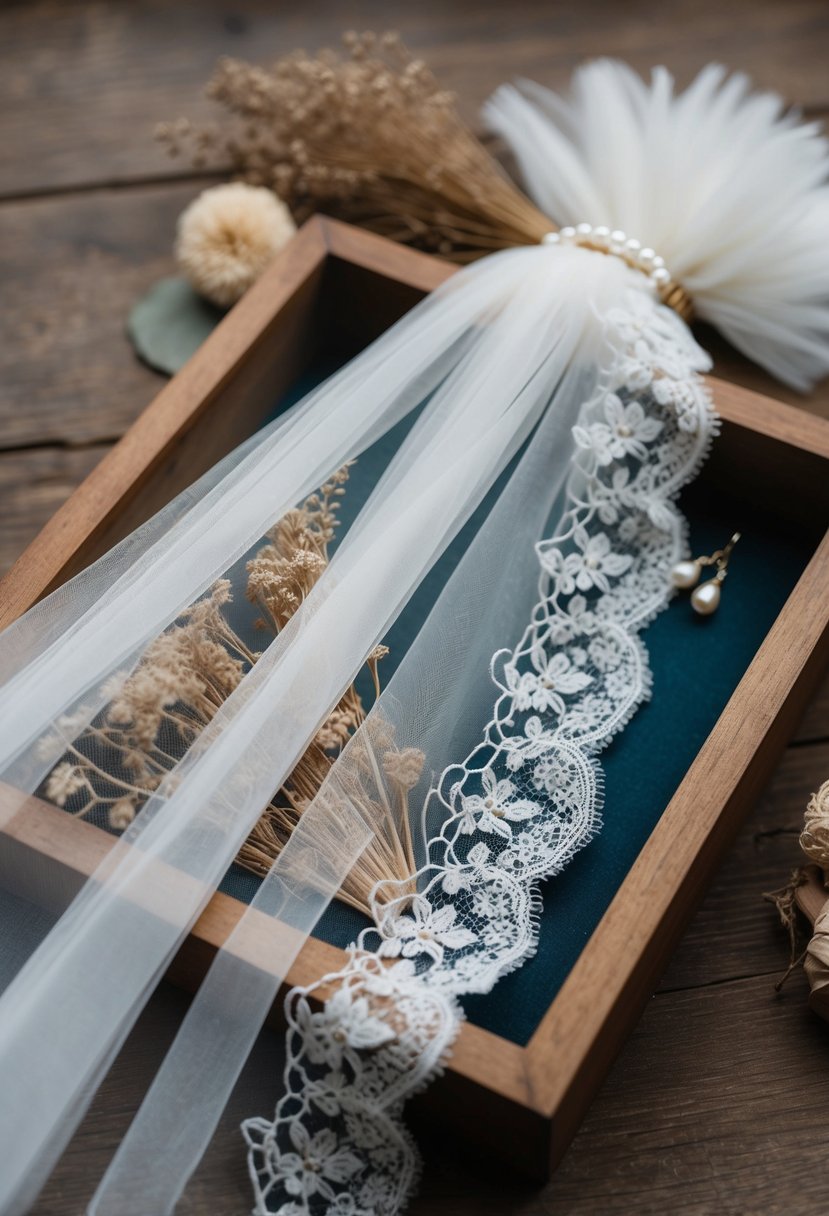 A delicate lace wedding veil draped over a vintage wooden shadow box, surrounded by dried flowers and a pair of pearl earrings