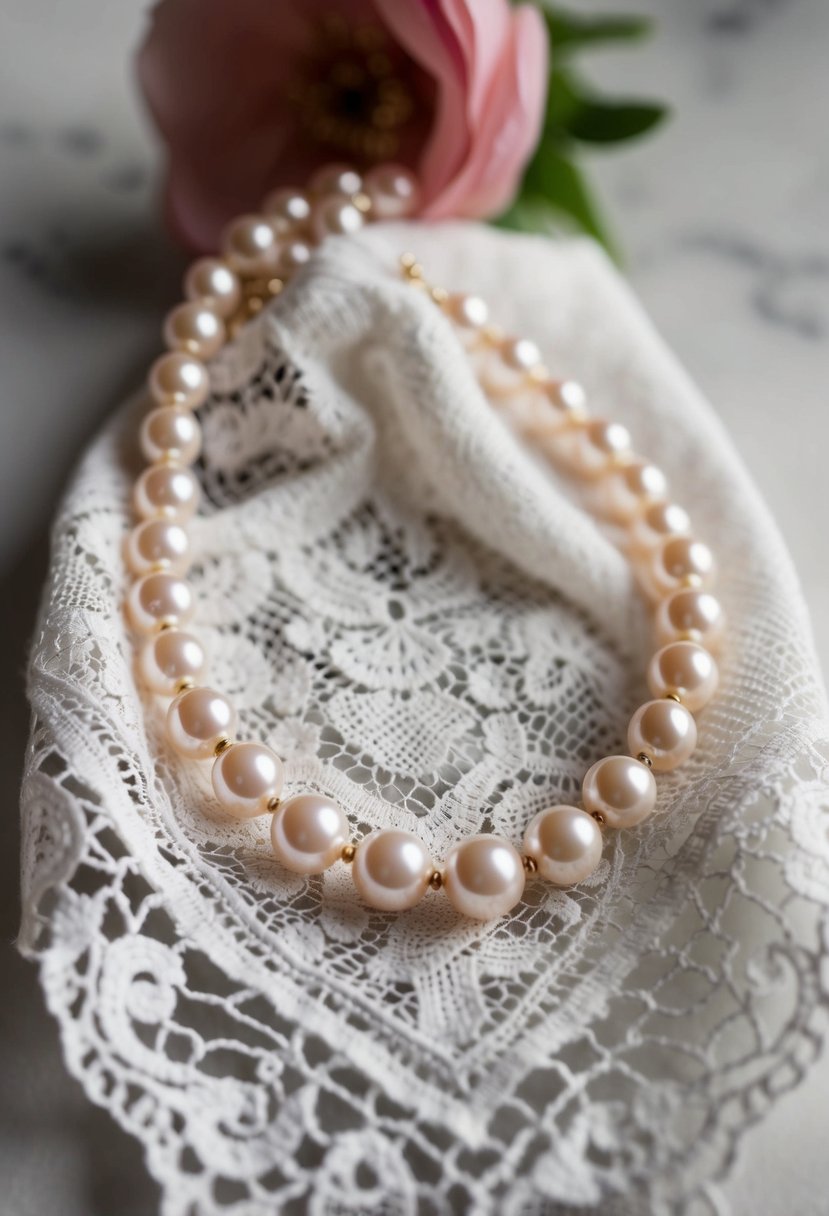 A delicate pearl necklace draped over a vintage lace handkerchief