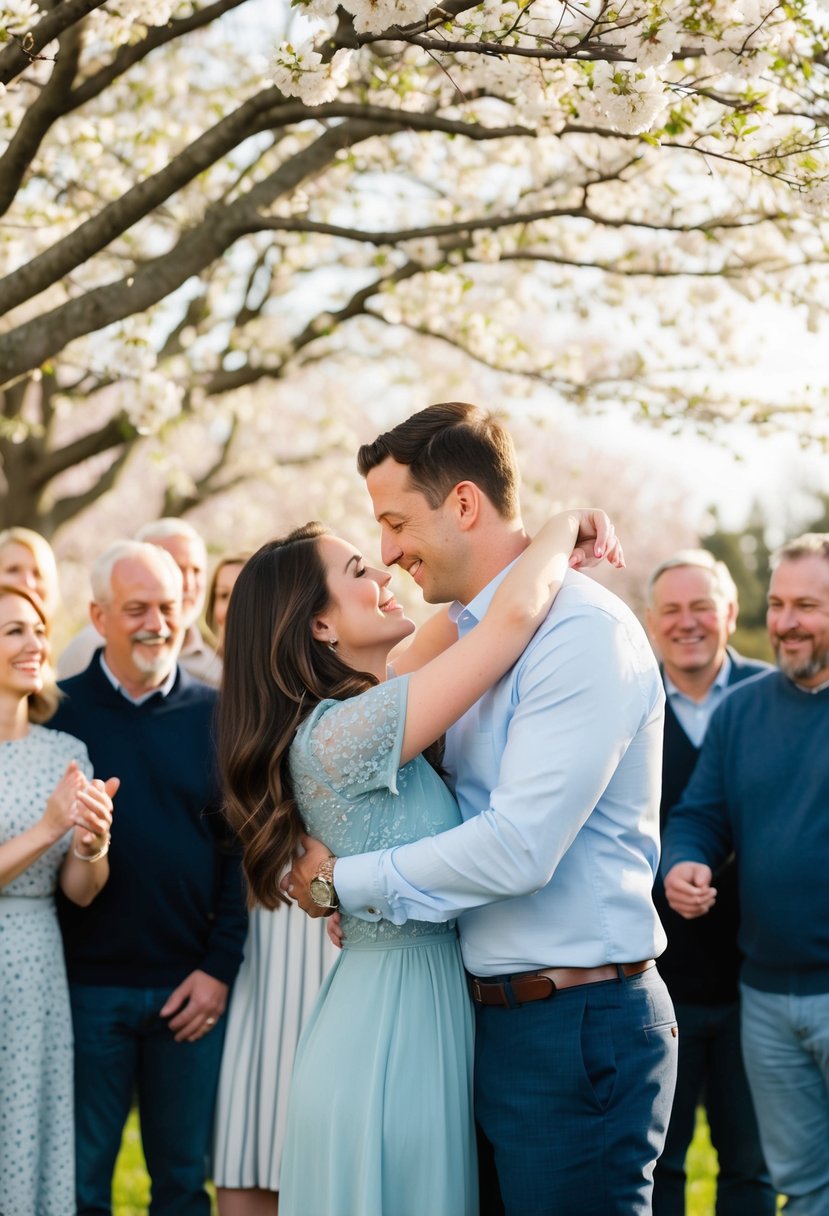 A couple embraces under a blooming tree, surrounded by friends and family, expressing joy and love