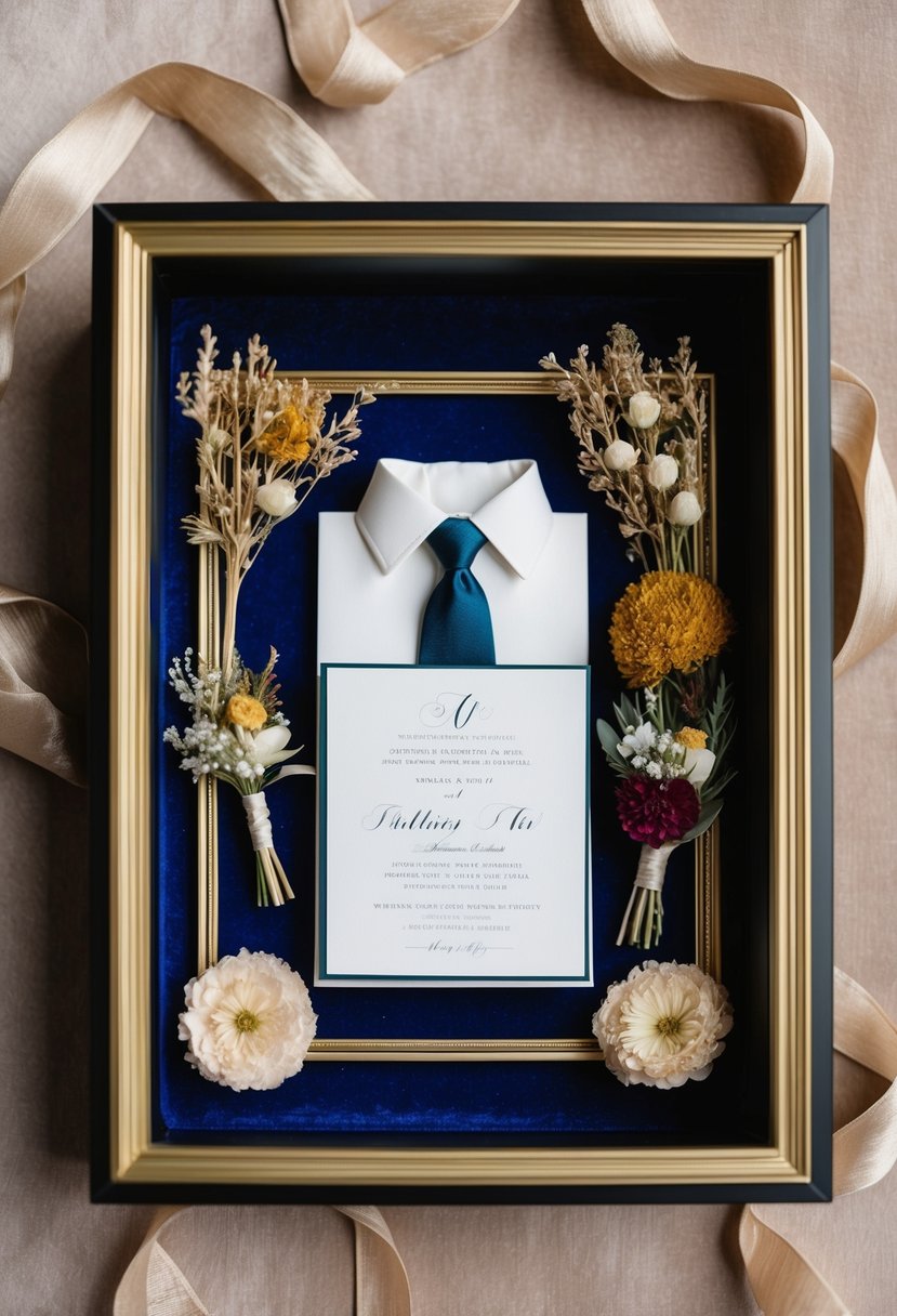 A shadow box with a groom's tie, wedding invitation, and boutonniere arranged on a velvet background, surrounded by dried flowers and framed with elegant gold trim