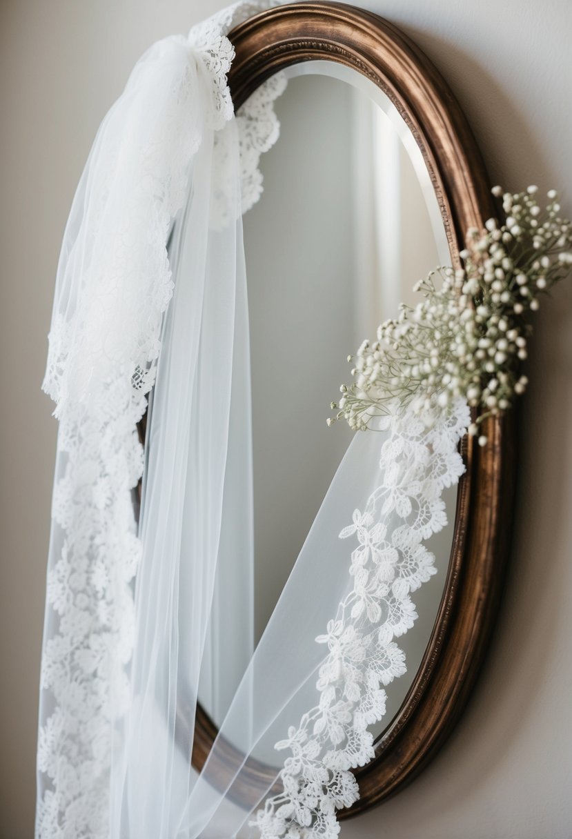 A delicate lace veil draped over a vintage mirror with a sprig of baby's breath tucked into the edge