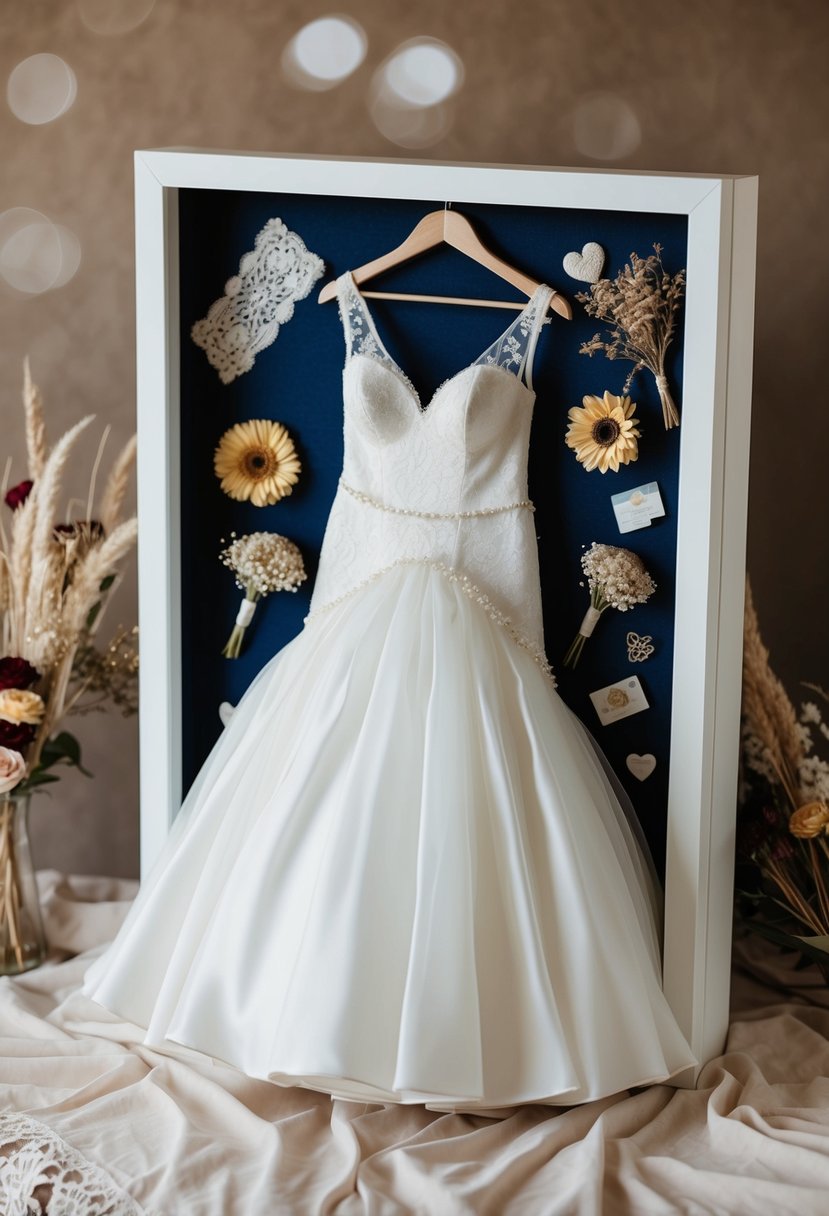 A wedding dress delicately folded and arranged in a shadow box, surrounded by dried flowers, lace, and other mementos from the special day