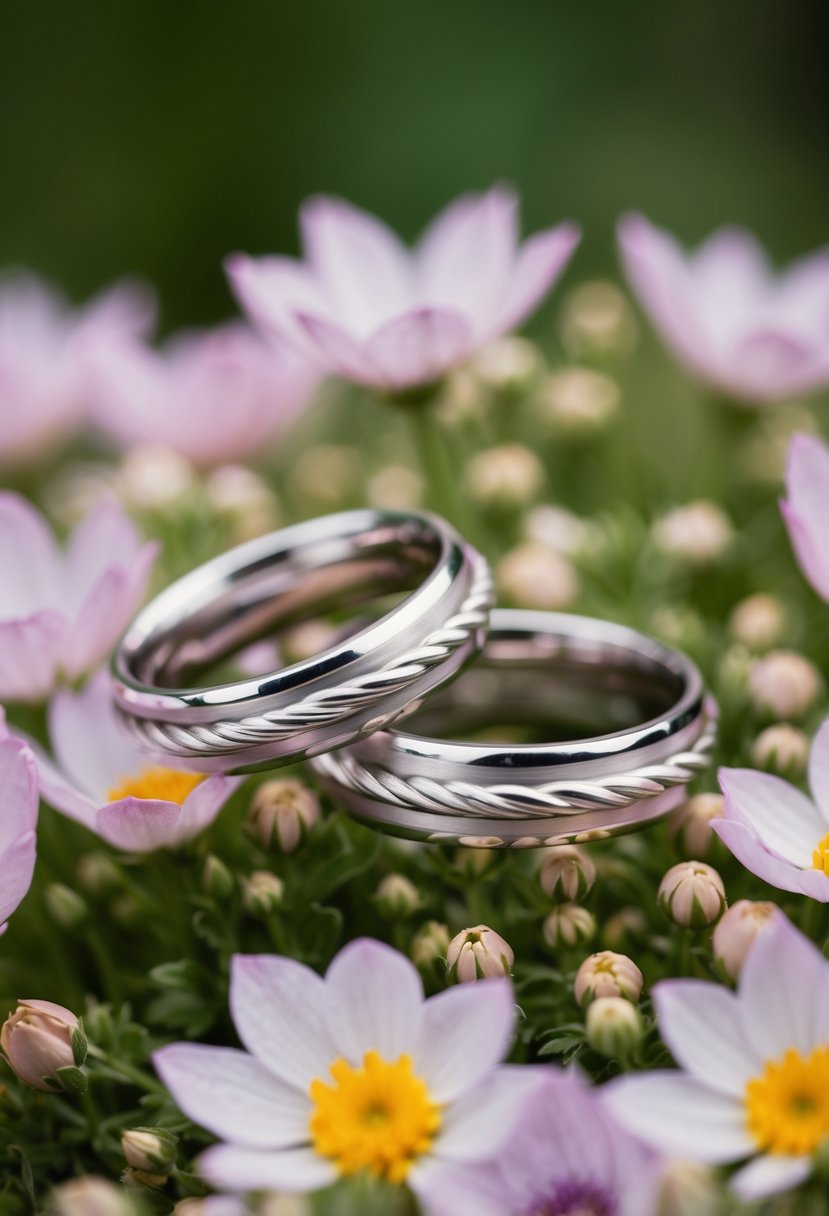 A pair of intertwined rings resting on a bed of delicate flowers, symbolizing eternal commitment and friendship