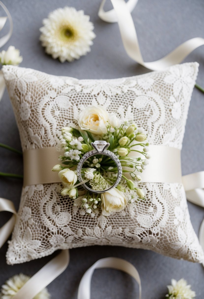 A vintage lace pillow with a sparkling wedding ring nestled in the center, surrounded by delicate flowers and ribbons