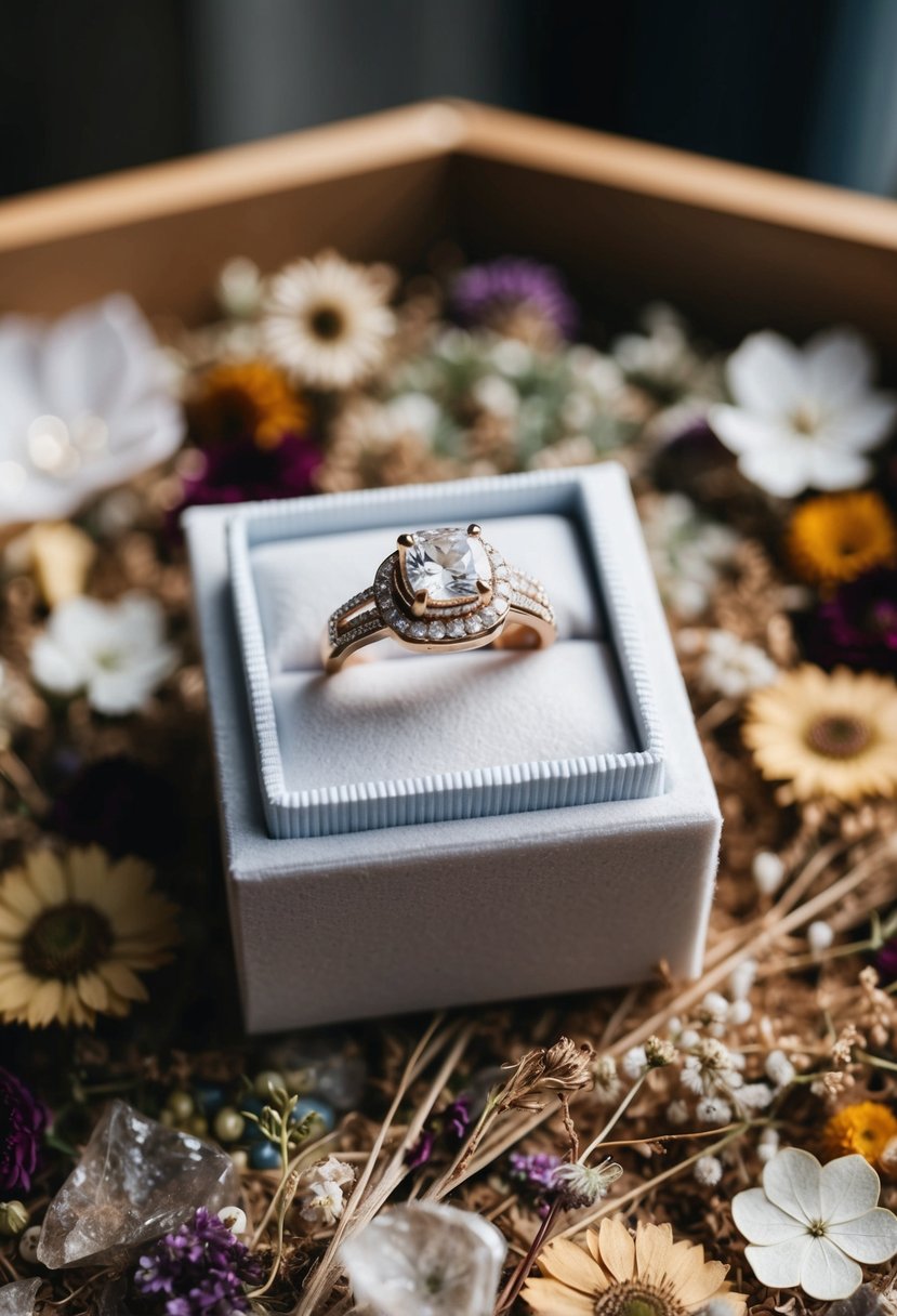 A ring box sits atop a wedding shadow box, surrounded by dried flowers and mementos