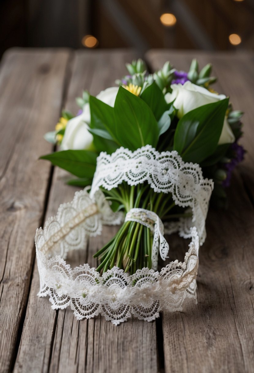 A vintage lace garter wrapped around a bouquet of flowers on a rustic wooden table