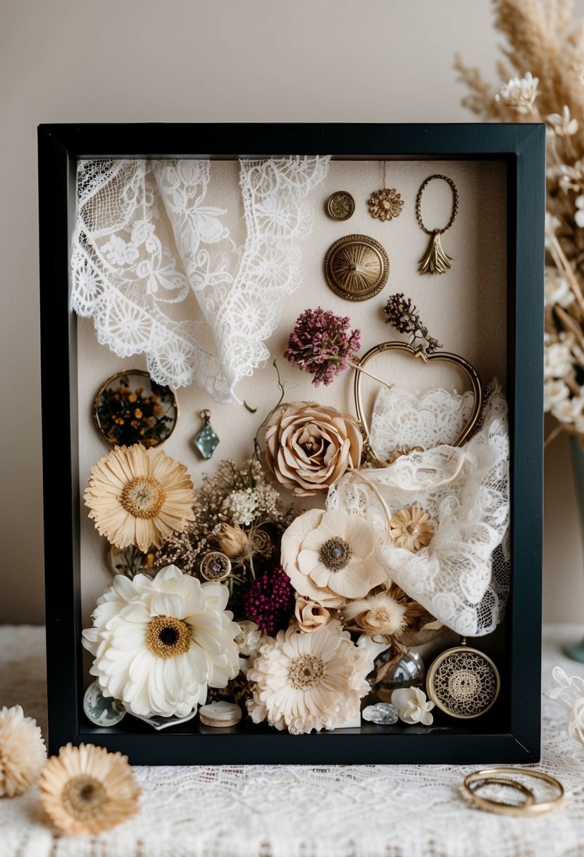 A shadow box filled with delicate lace, vintage trinkets, and dried flowers, creating a romantic and elegant wedding keepsake display