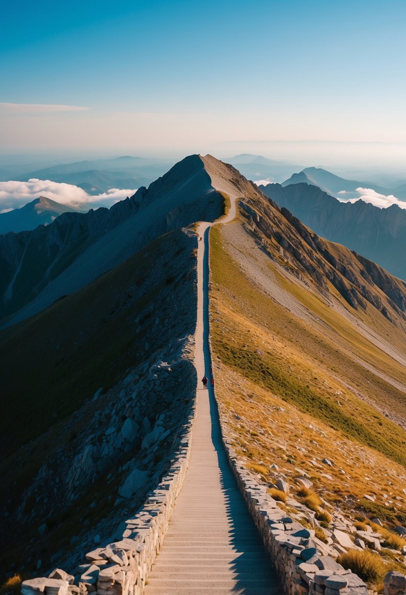 A mountain peak with two paths converging at the top, symbolizing unity and shared goals