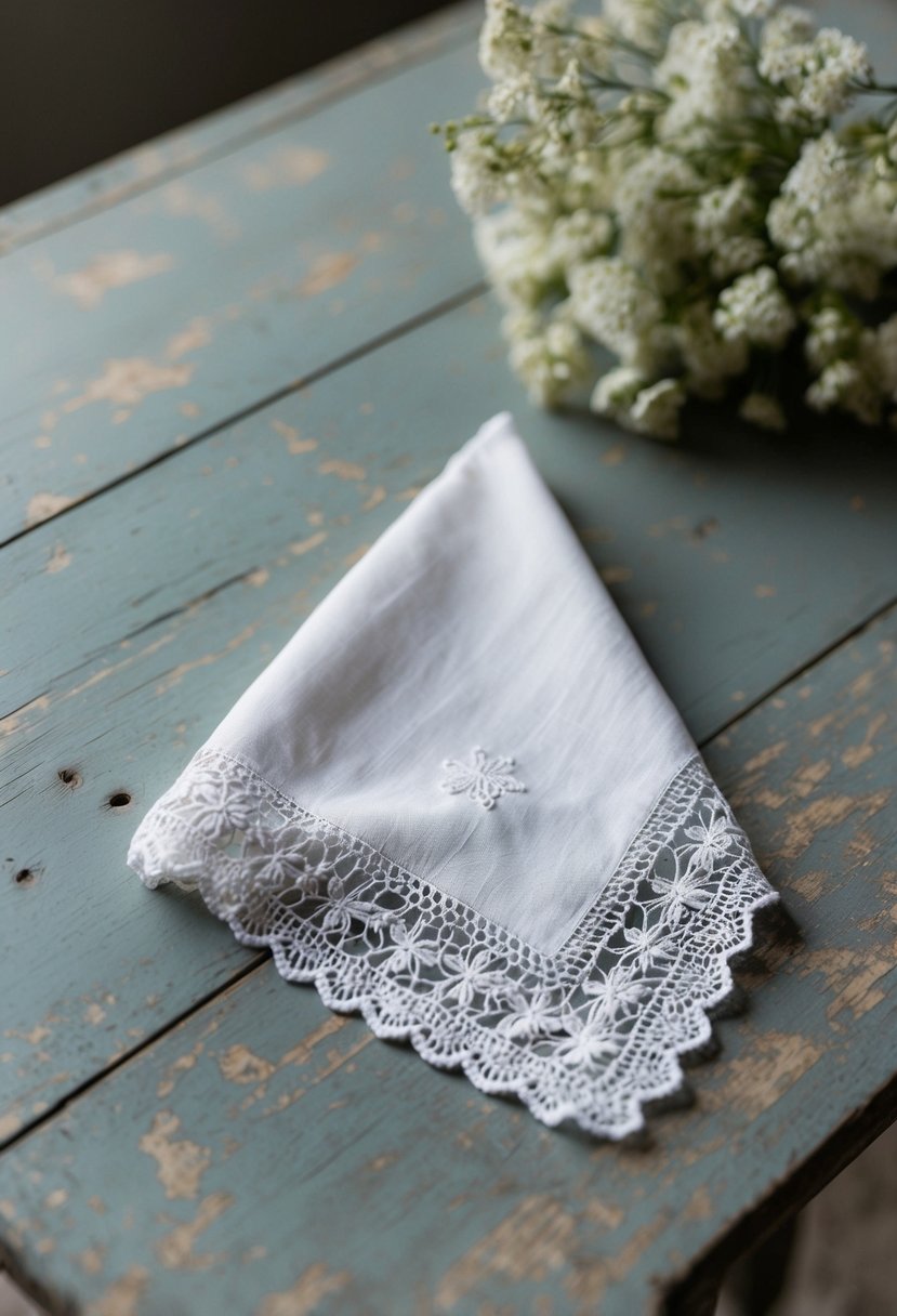 A delicate lace handkerchief lies on a weathered wooden table, adorned with intricate embroidery and delicate lace trim