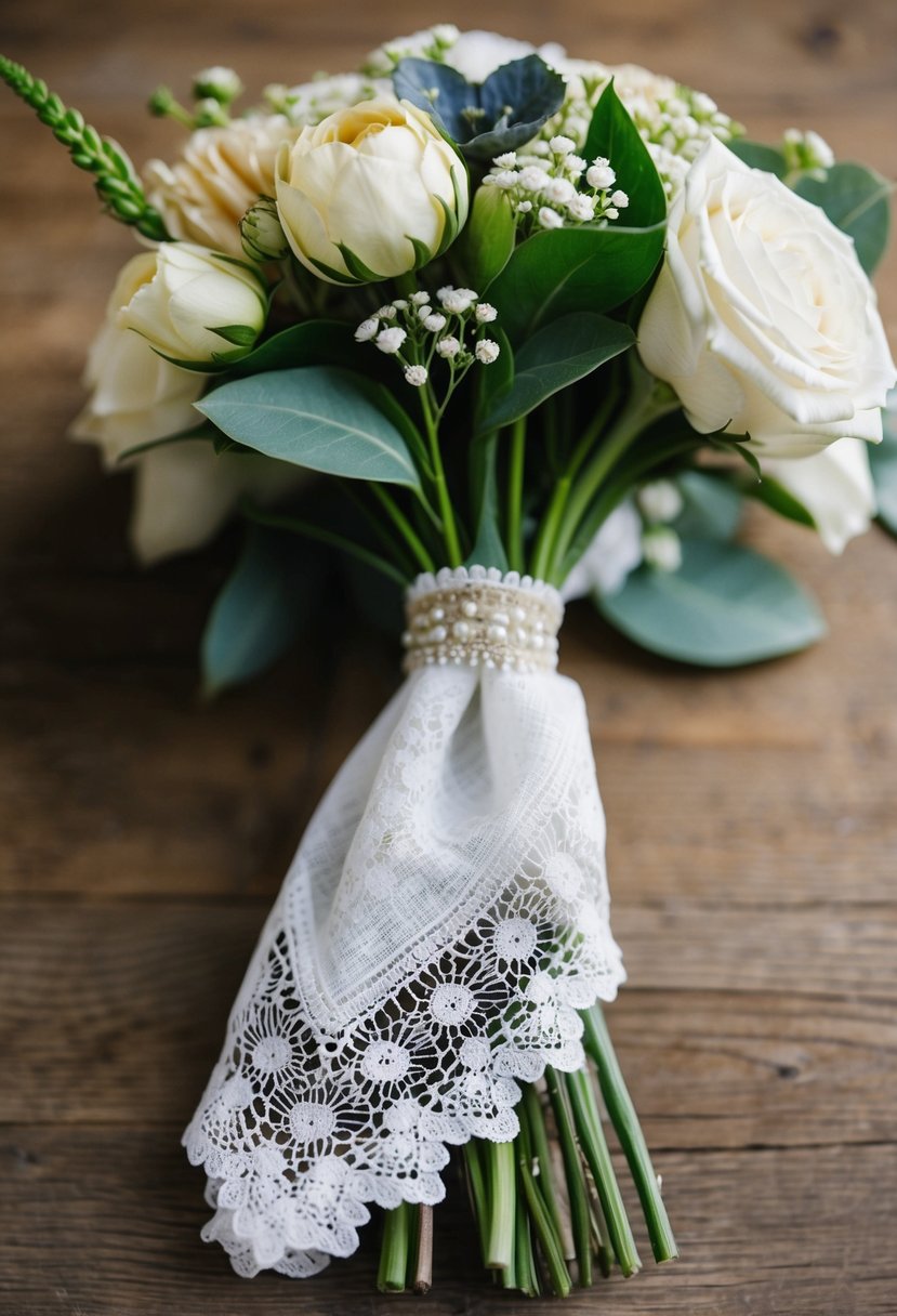 A vintage lace handkerchief tucked into a bride's bouquet, symbolizing "something borrowed" for her wedding day