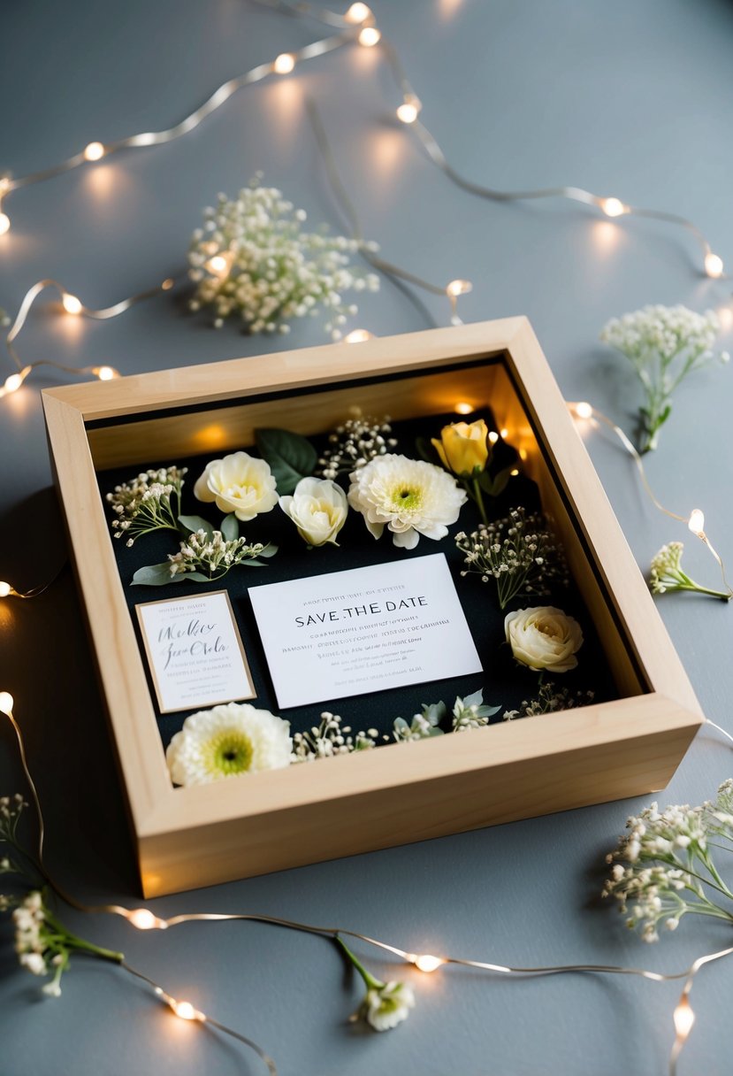 A shadow box filled with wedding memorabilia, including a save-the-date card, surrounded by delicate flowers and twinkling fairy lights