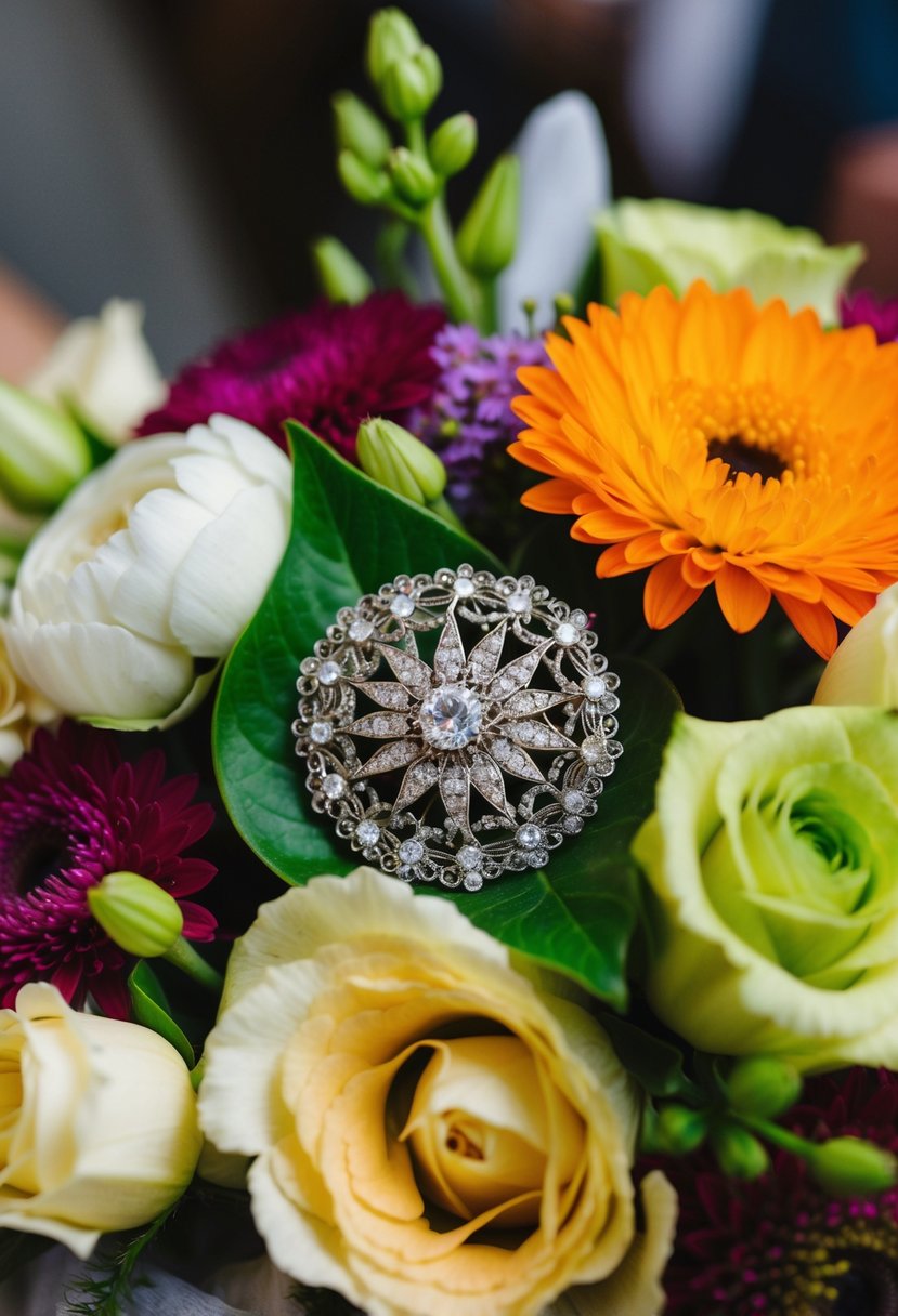 A delicate brooch nestled among vibrant flowers in a wedding bouquet