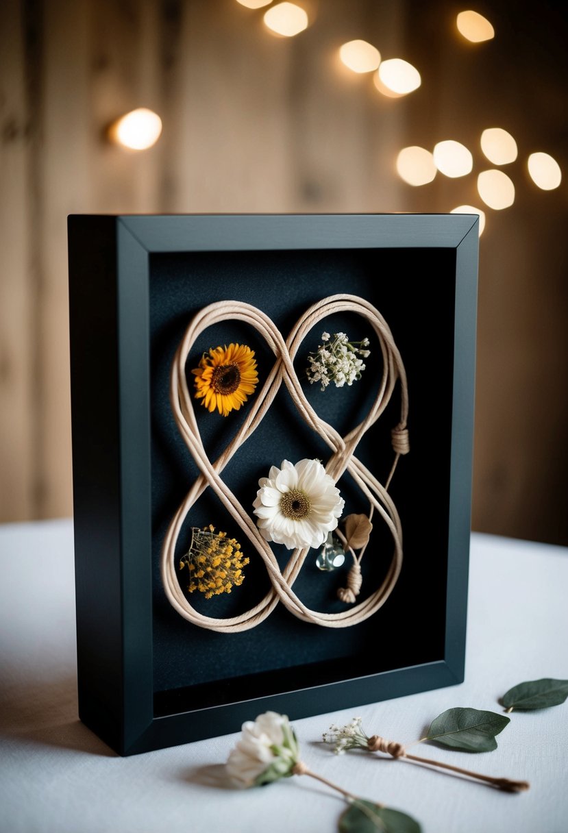 A shadow box with intertwined handfasting cords, dried flowers, and wedding mementos