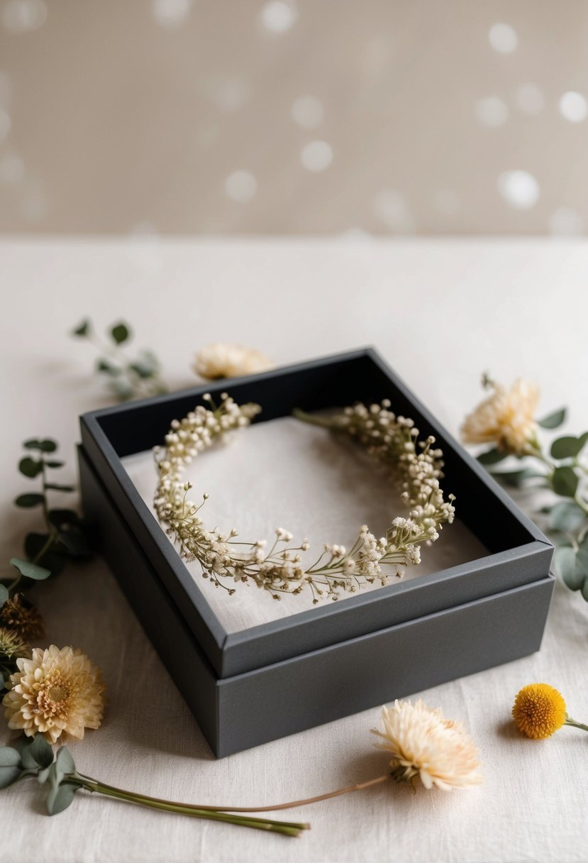 A shadow box with a delicate flower crown, surrounded by dried flowers and greenery, set against a soft, neutral background