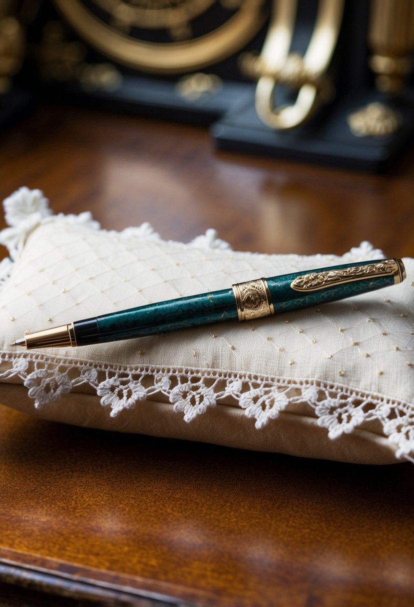 An ornate pen resting on a lace-trimmed pillow atop a vintage desk