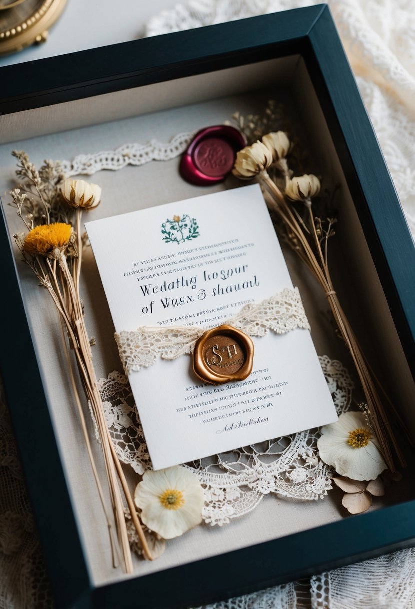 A vintage-inspired shadow box displays a wedding invitation with a wax seal, surrounded by dried flowers and lace