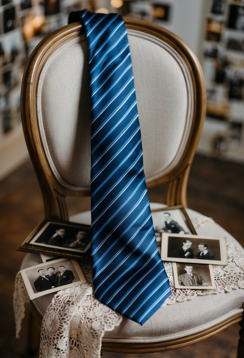 A silk tie draped over a vintage chair, surrounded by old photos and a delicate lace handkerchief