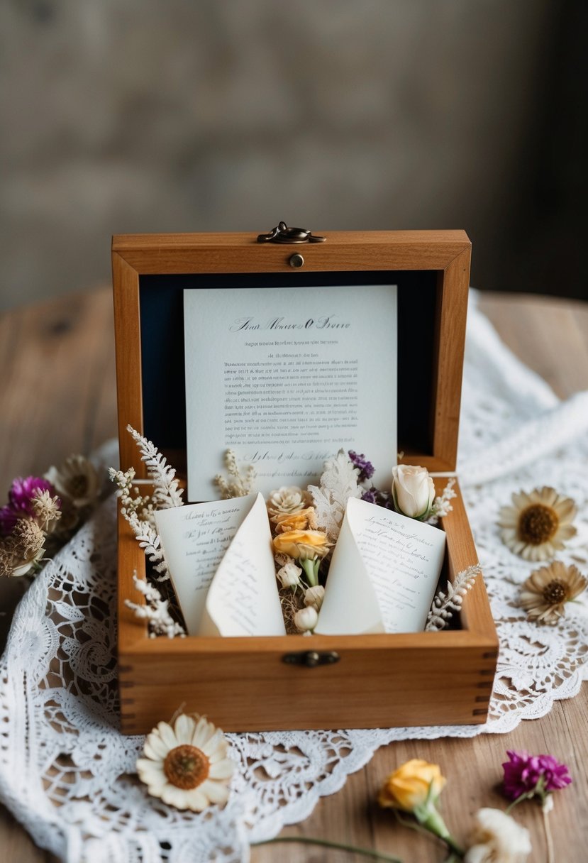 A wooden shadow box filled with folded vows and letters, surrounded by delicate lace and dried flowers