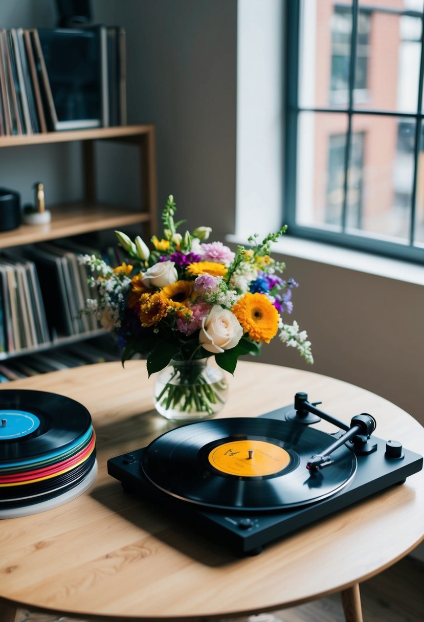 A table with a colorful mix of vintage vinyl records, a turntable, and a bouquet of flowers