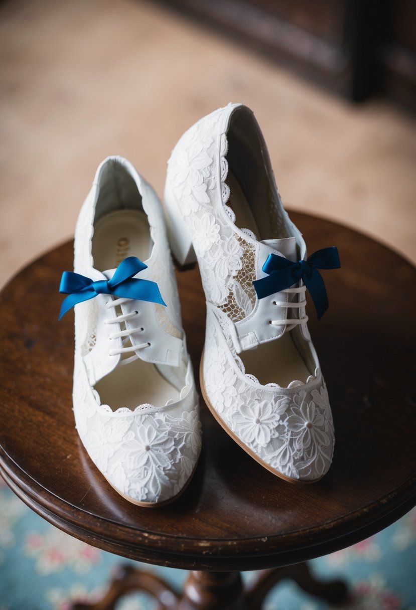 A pair of elegant white wedding shoes with delicate lace and a small blue ribbon, resting on a vintage wooden table