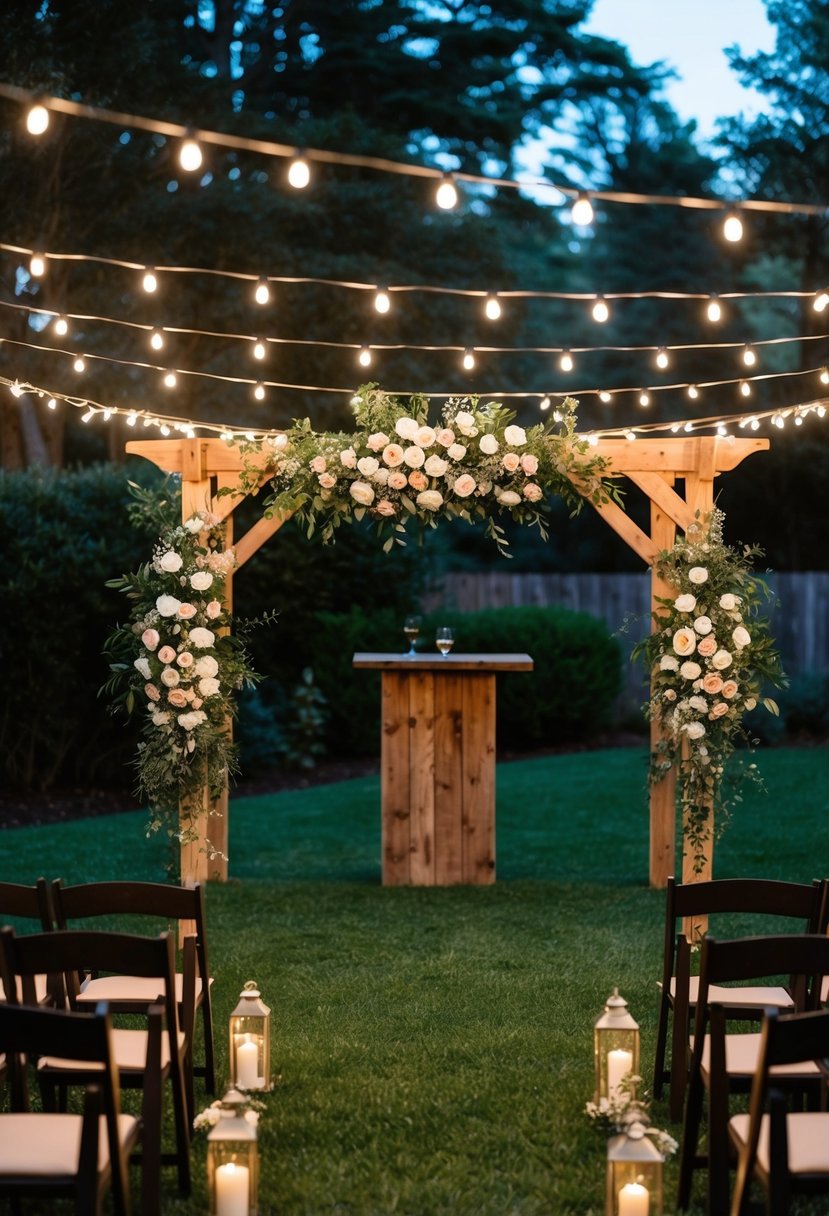 A cozy backyard set up with twinkling lights, floral arch, and a rustic wooden altar for a home wedding