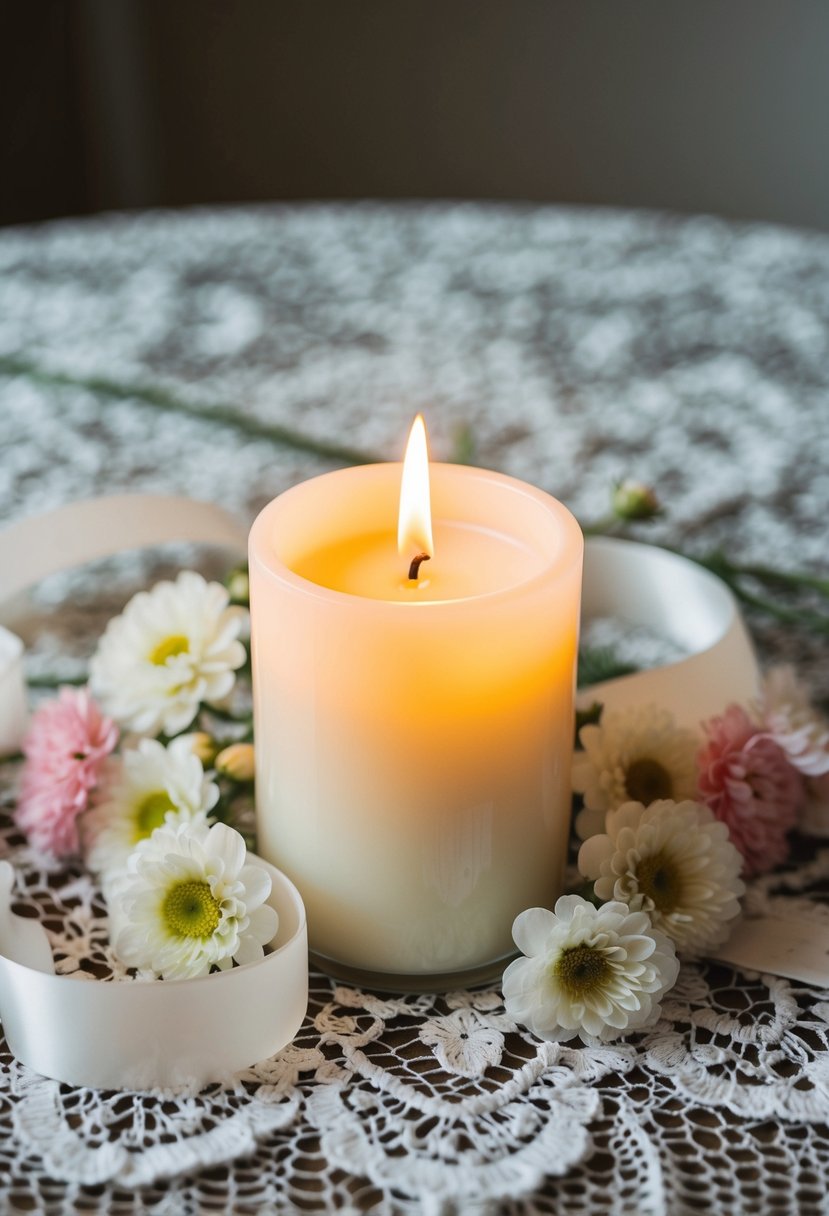 A lit candle sits on a lace-covered table, surrounded by delicate flowers and ribbons