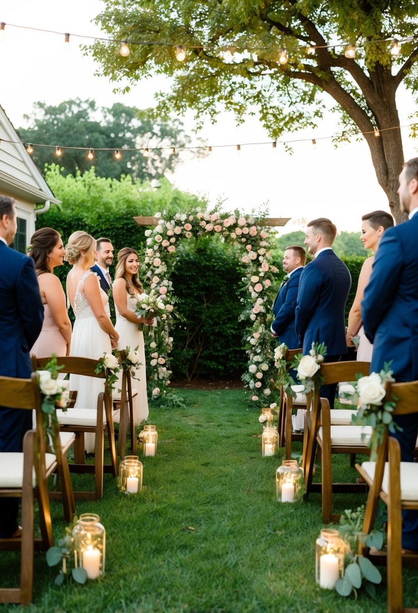 A cozy backyard ceremony with twinkle lights, floral arch, and wooden chairs arranged for an intimate home wedding