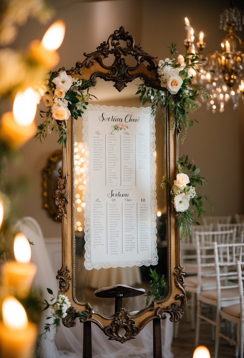 An ornate antique mirror reflects a vintage seating chart, adorned with delicate lace and flowers, surrounded by flickering candlelight