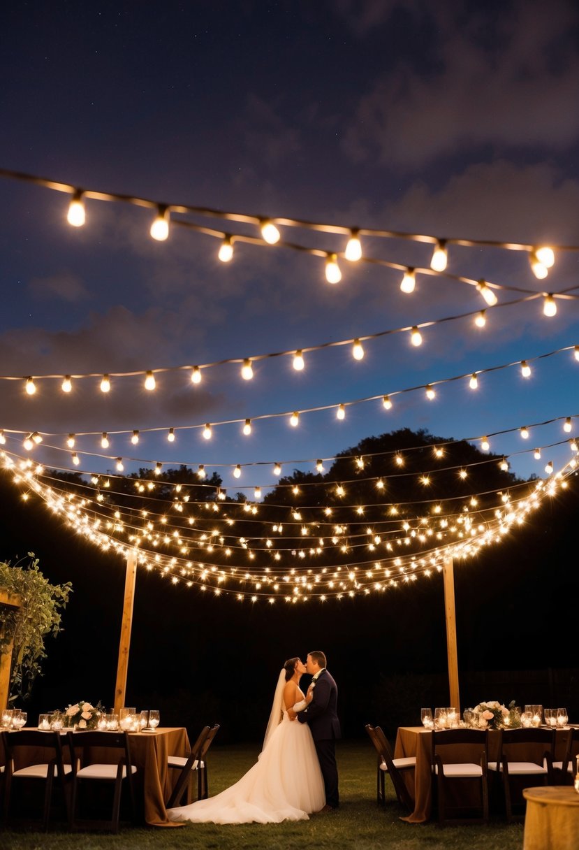 String lights drape from ceiling to floor, casting a warm glow over an intimate backyard wedding. Twinkling against the night sky, they create a magical atmosphere for the celebration