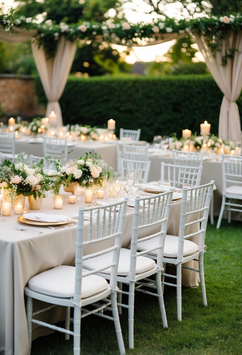 Indoor chairs and tables arranged in a garden setting, adorned with flowers and candles for a romantic outdoor wedding