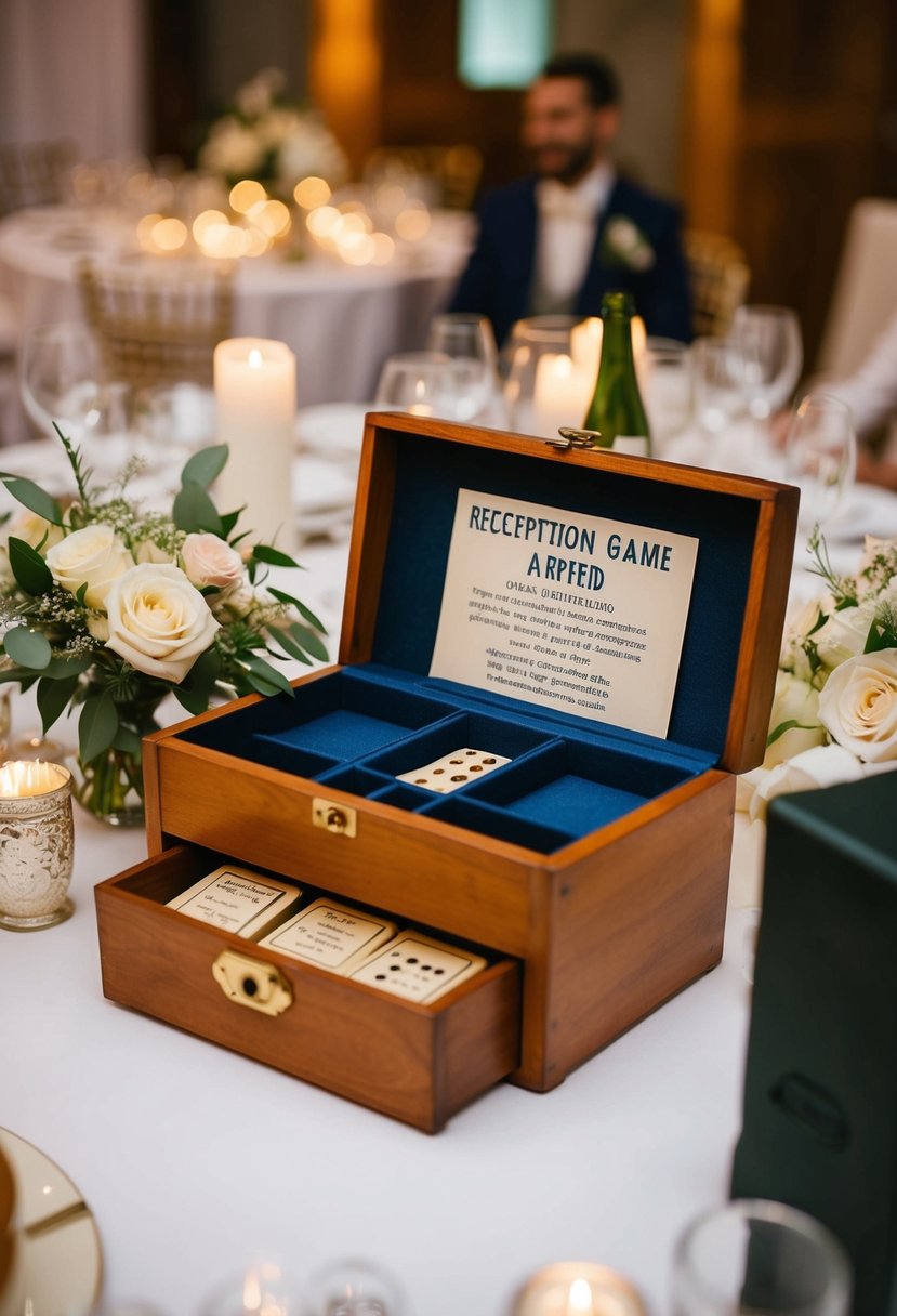 A vintage reception game, nestled among other wedding items, awaits its turn to entertain guests