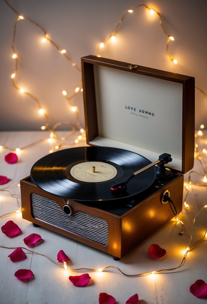 A vintage record player spins a classic love song, surrounded by twinkling fairy lights and scattered rose petals