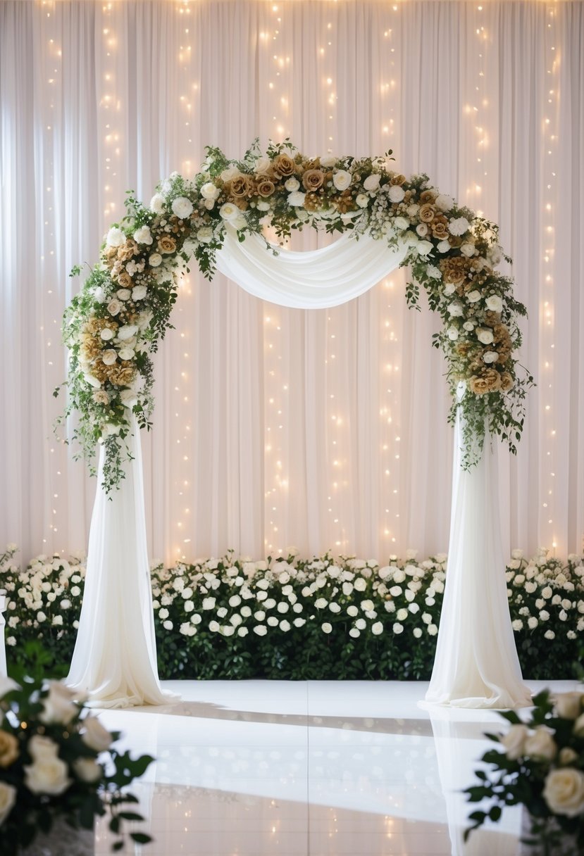 A grand white wedding arch adorned with gold flowers and drapery, set against a backdrop of white roses and twinkling fairy lights