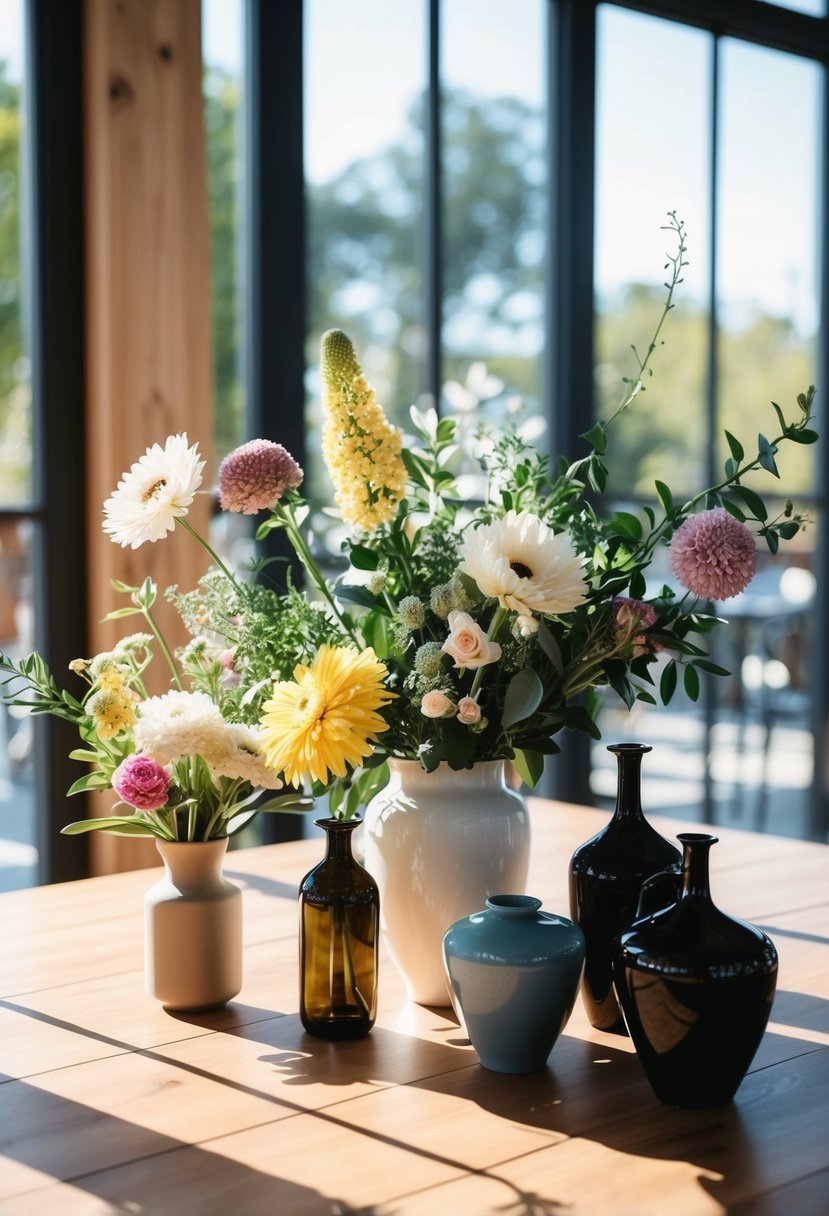 A table with assorted flowers, vases, and greenery. Sunlight streams in, casting shadows on the wooden surface