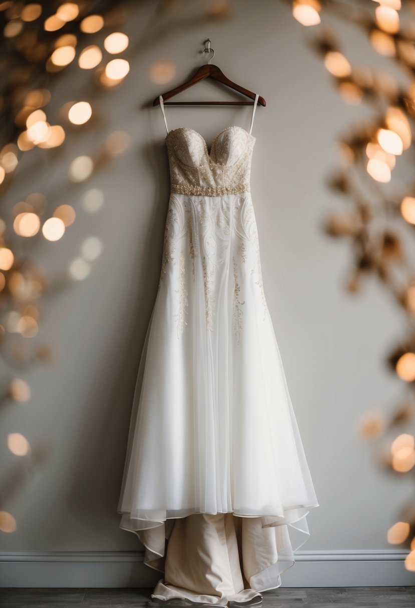 A flowing white-and-gold wedding dress hanging on a vintage wooden hanger