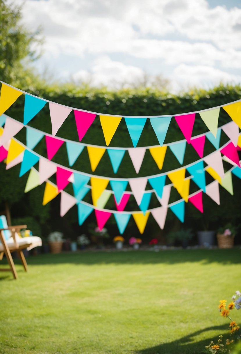 Colorful bunting draped across a backyard, fluttering in the breeze, creating a festive and joyful atmosphere for a home wedding celebration