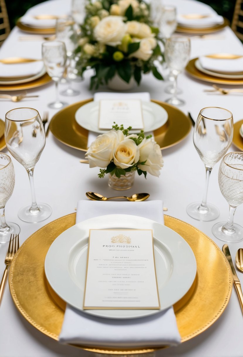 A lavish table setting with gold chargers, white plates, and gold cutlery arranged on a pristine white tablecloth