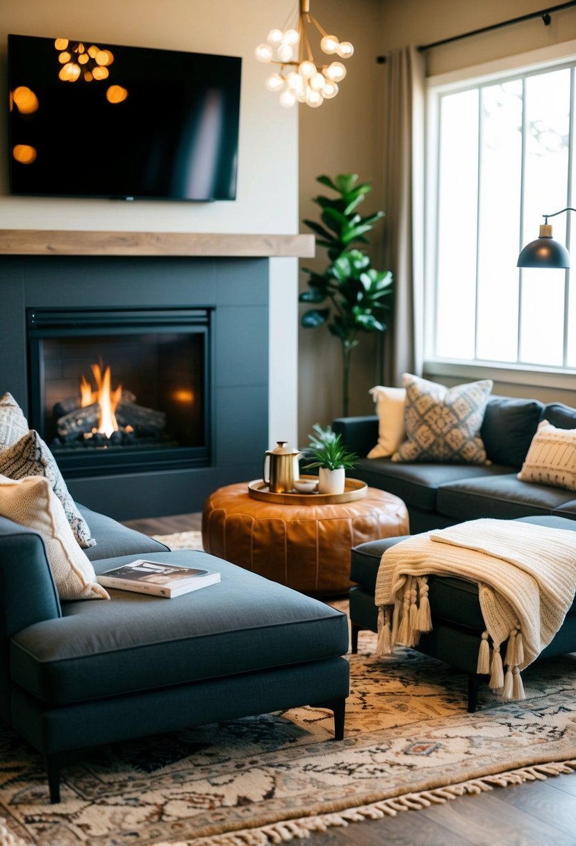 A cozy lounge area with cushions and throws arranged on a rug in front of a fireplace