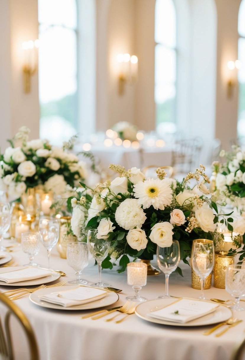 A table adorned with white floral arrangements and golden accents, evoking an elegant and luxurious wedding ambiance