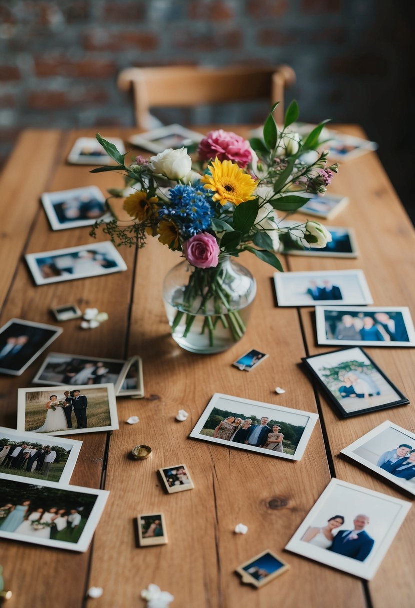 A wooden table with scattered old family photos, a vase of flowers, and wedding decor ideas