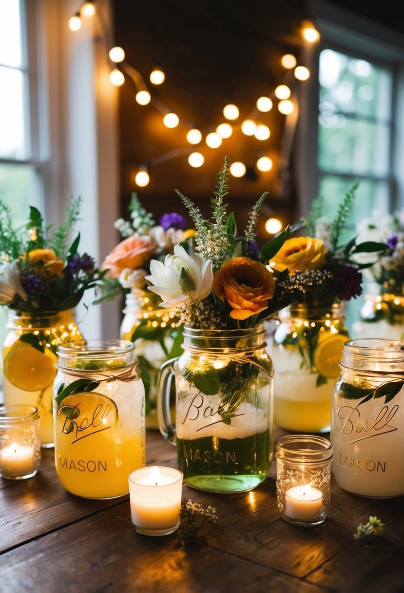 Mason jars filled with drinks and adorned with flowers, candles, and fairy lights, creating a cozy and rustic ambiance for a home wedding